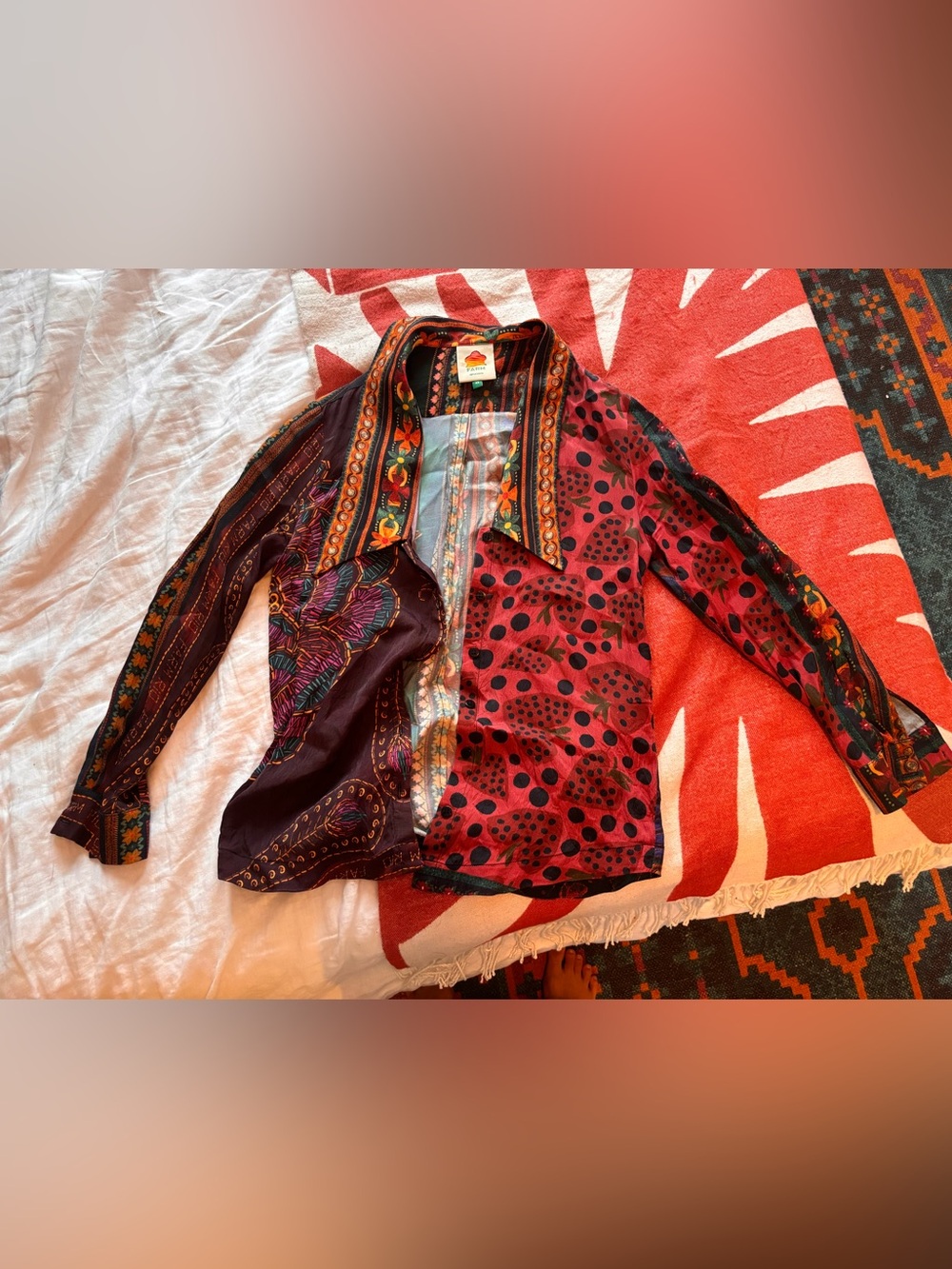 FARM Rio Mixed-Print Button-Up Jacket in Red and Burgundy